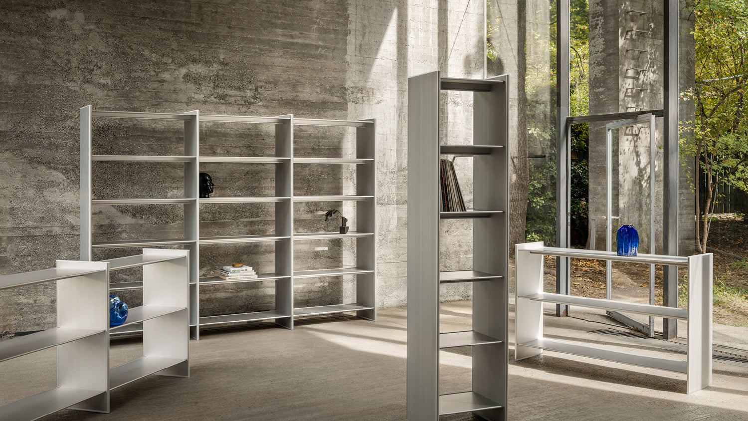 An image featuring several configurations of the T Shelf, including High 50, Low 150 and Low 100 / Low 100.