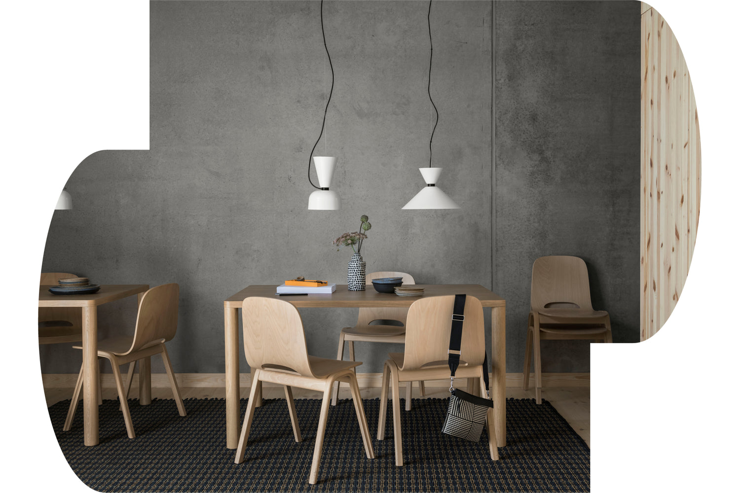 Hem - A lifestyle image featuring Log Table, Touchwood Chair, Alphabeta Pendant Light Duet, and Rope Rug.