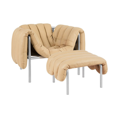 Puffy Lounge Chair + Ottoman Sand Leather / Stainless